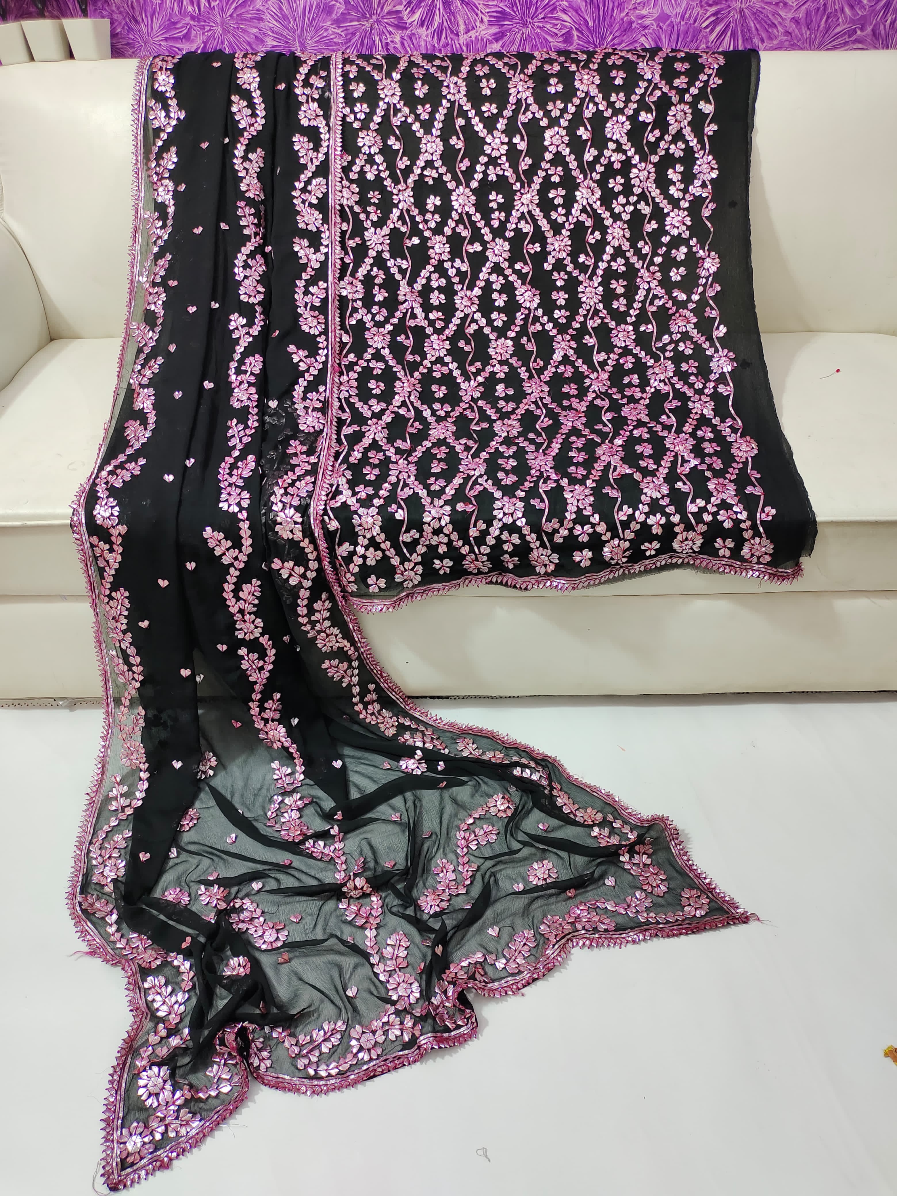 Black 3-Piece Suit with Pink Embroidery & Gijji Silk Dupatta