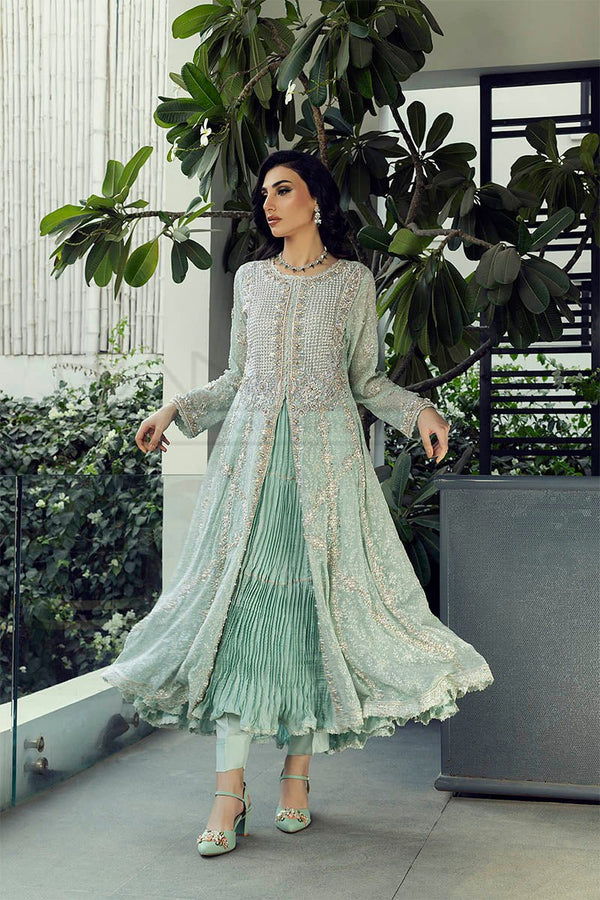 Mint Grace – Heavy Pearl & Stone Work Chiffon Front Open Panel Frock