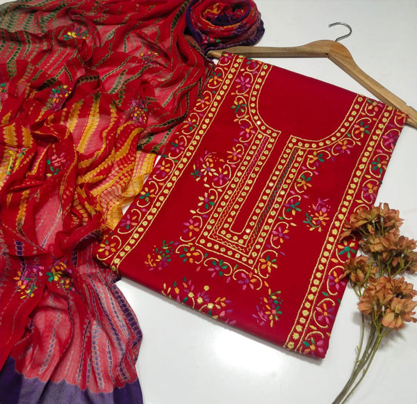 Red Chikankari Mirror Work 3-Piece Lawn Dress