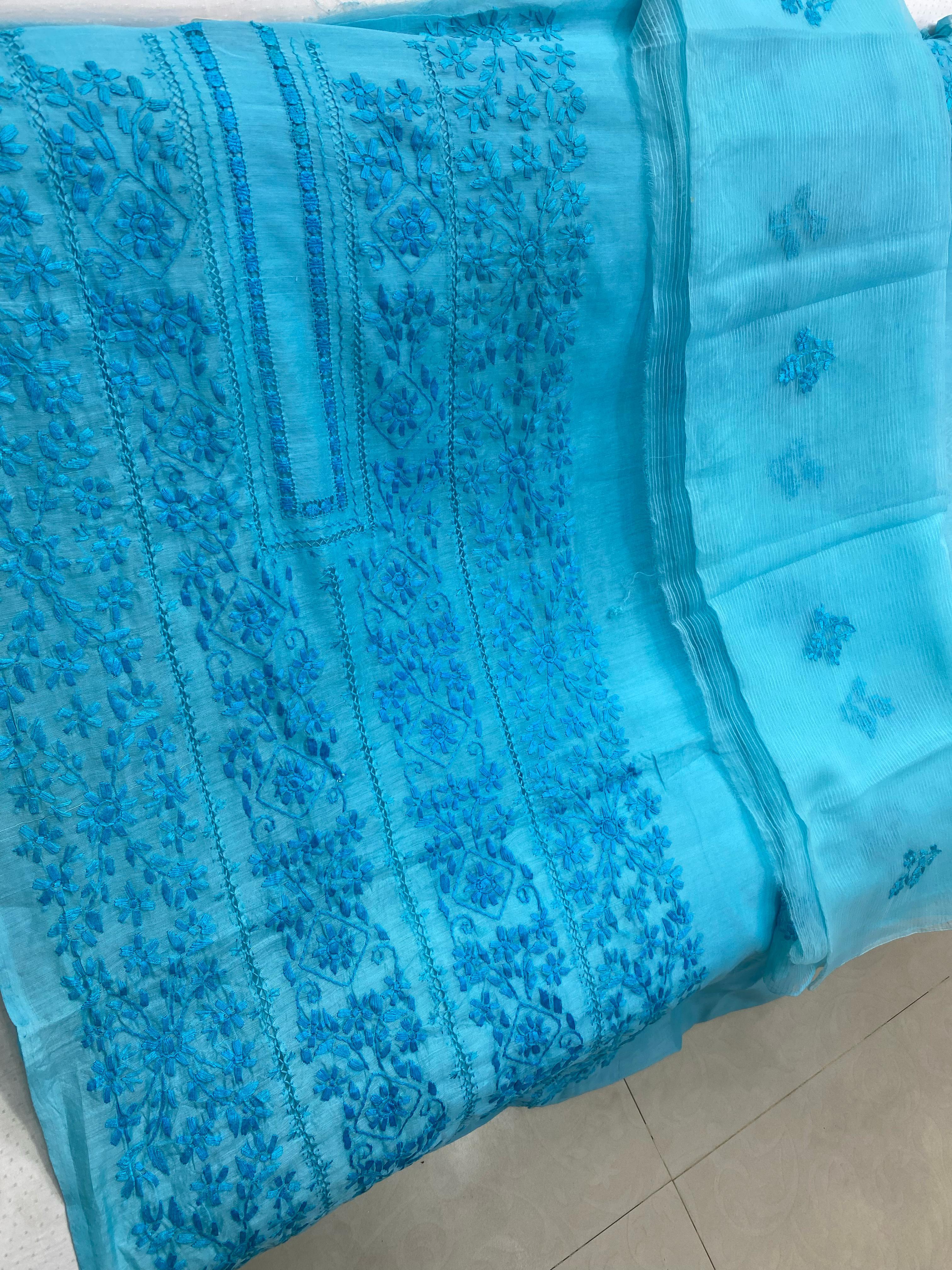 Girls Light Blue Embroidered Cotton Kurti with Gajji Silk Dupatta – Traditional 2-Piece Outfit