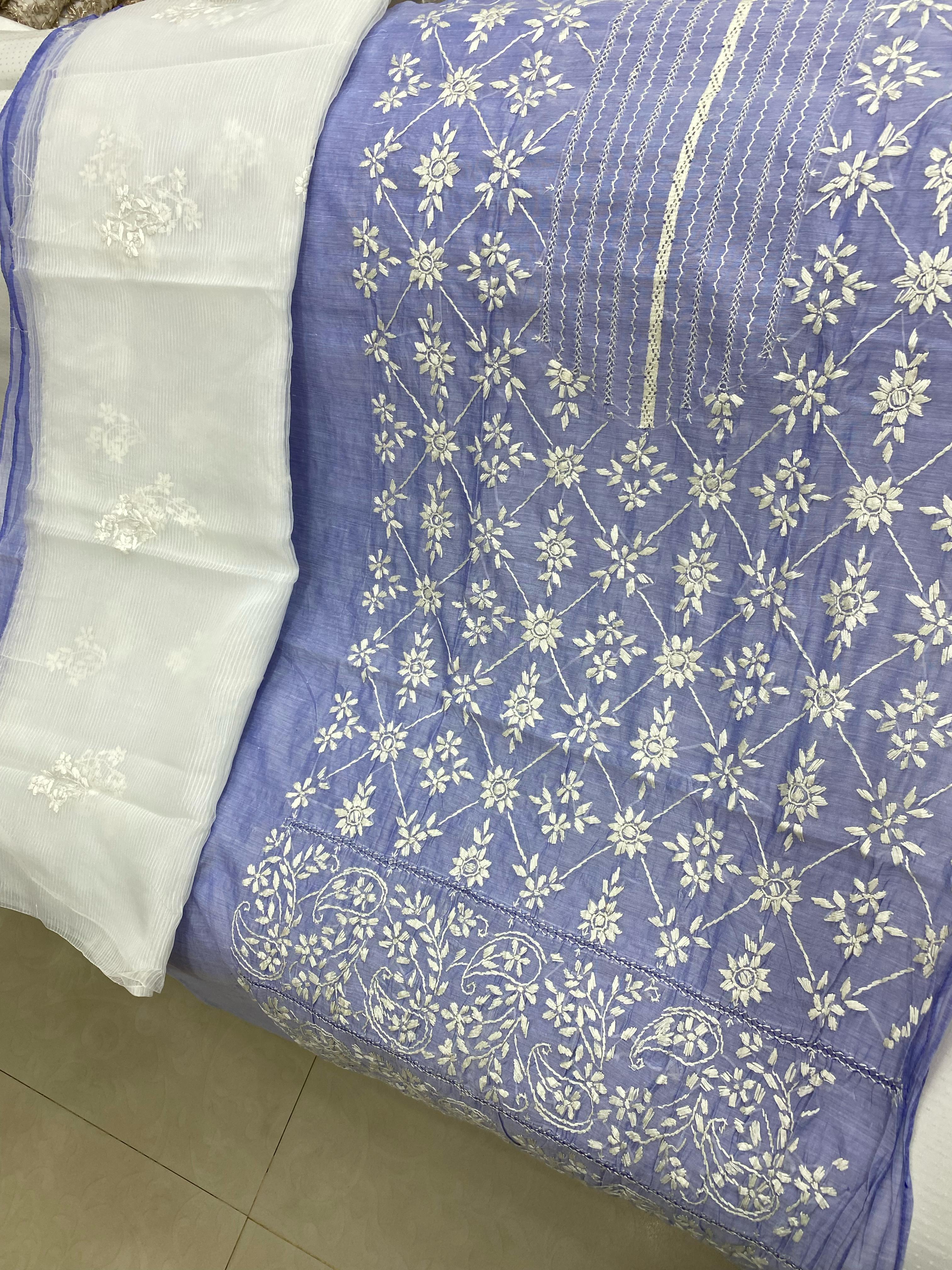 Light Blue Embroidered Cotton Kurti with Gajji Silk Dupatta – 2-Piece Traditional Outfit