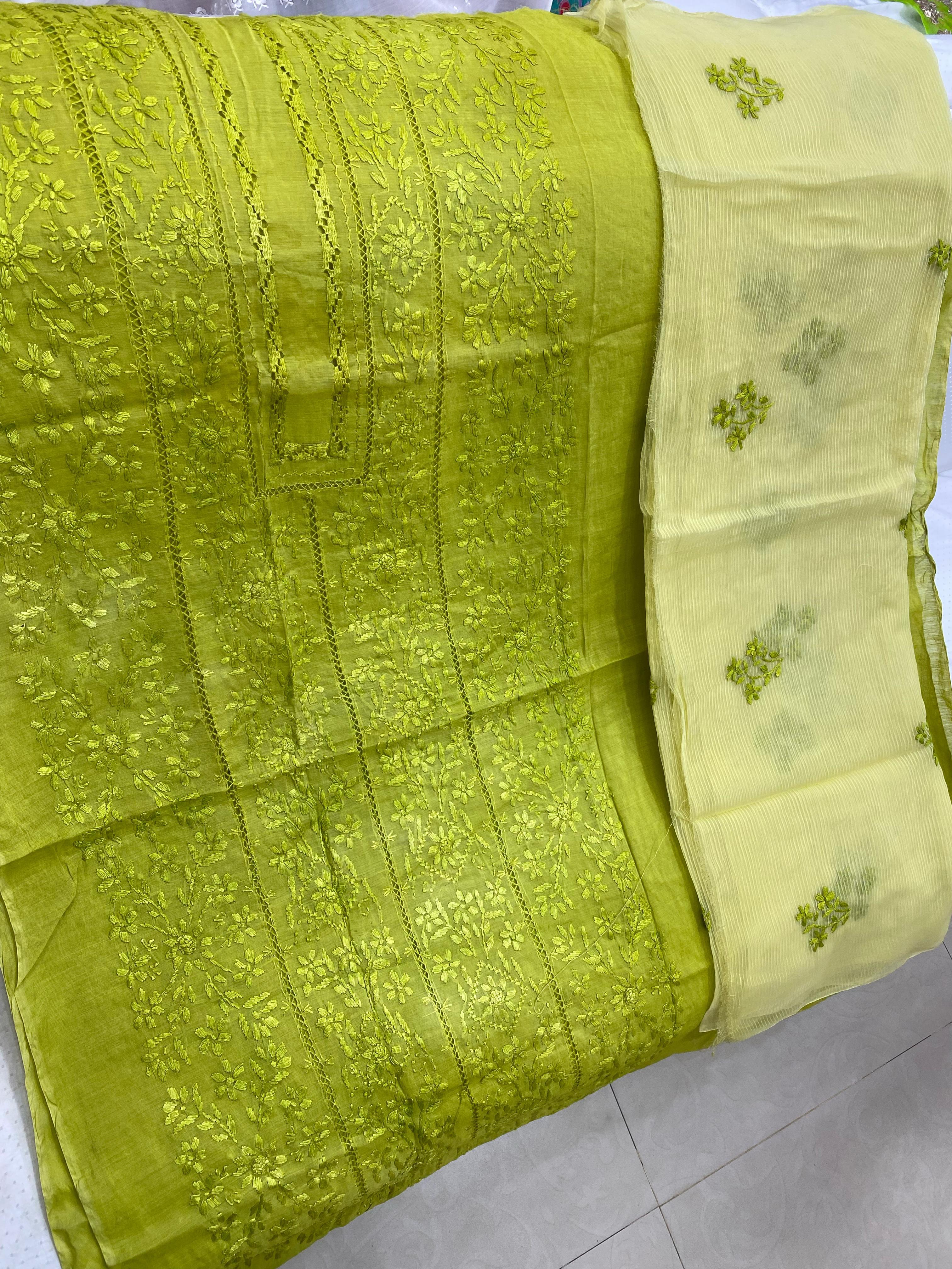 Girls Olive Green Embroidered Cotton Kurti with Gajji Silk Dupatta – Elegant 2-Piece Traditional Set