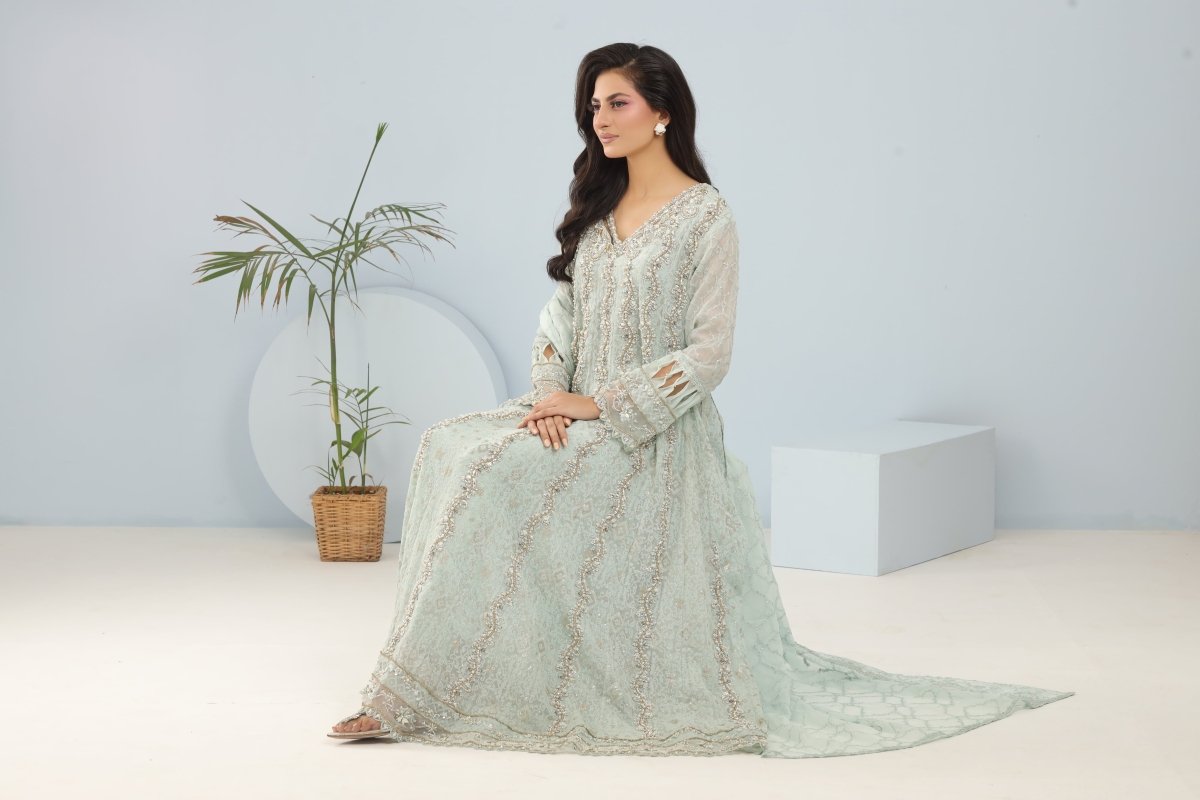 Ice Blue Luxury – Heavy Embroidered Chiffon Panel Frock with Handwork