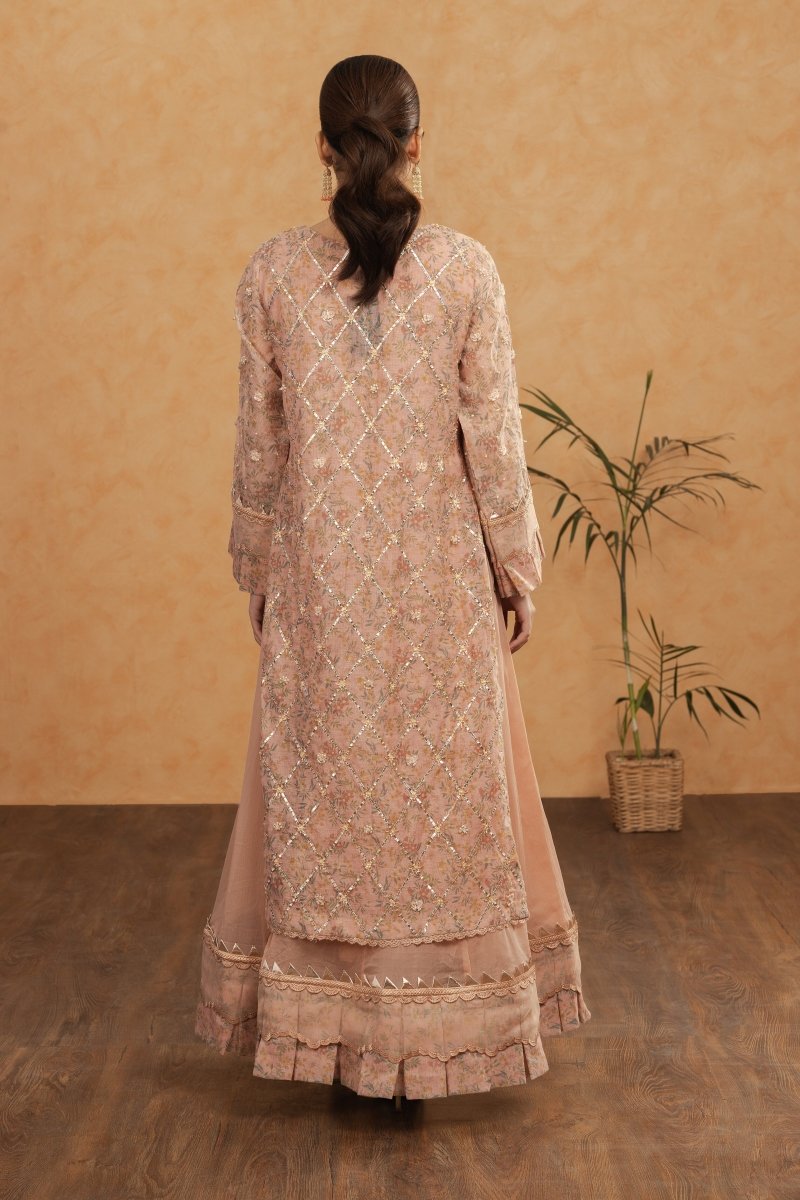 Peach Elegance – 3PC Stitched Khaddi Net Maxi Dress