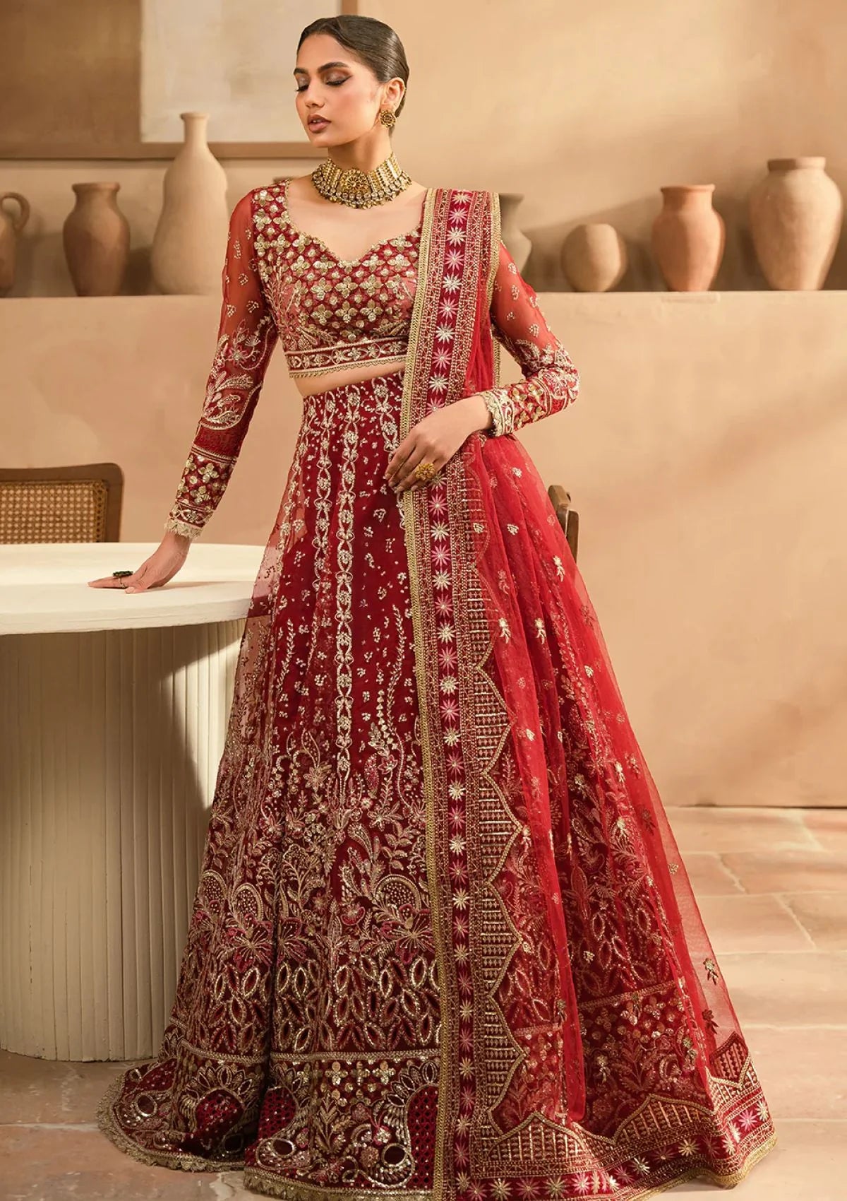 Majestic Maroon – Embroidered Organza Lehenga Set for Wedding Elegance