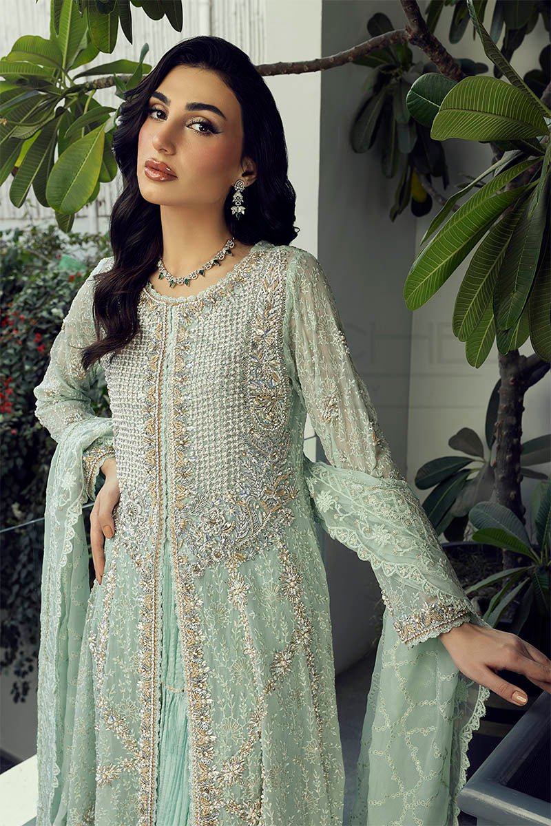 Mint Grace – Heavy Pearl & Stone Work Chiffon Front Open Panel Frock