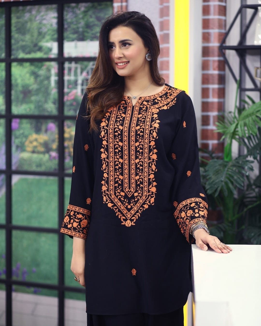 Elegant Black &amp; Orange Combo – Premium Linen Embroidered Shirt