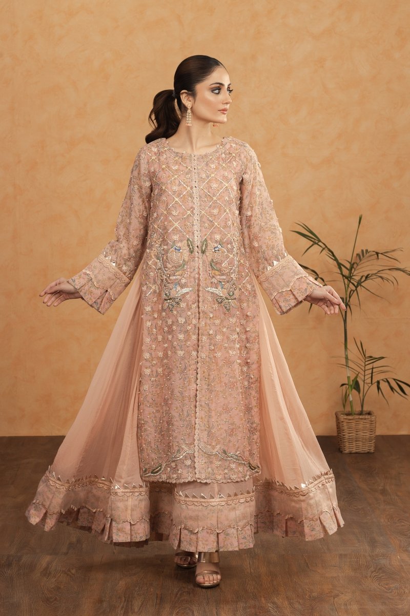 Peach Elegance – 3PC Stitched Khaddi Net Maxi Dress
