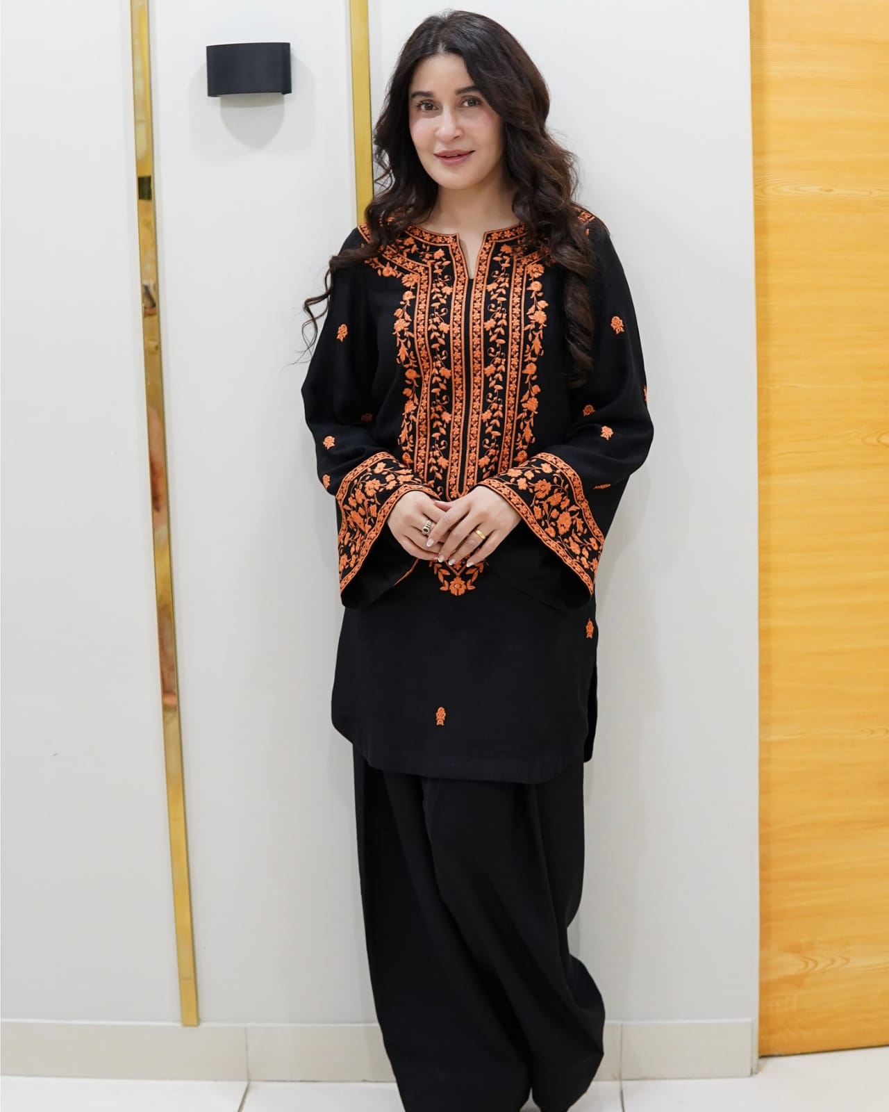 Elegant Black &amp; Orange Combo – Premium Linen Embroidered Shirt