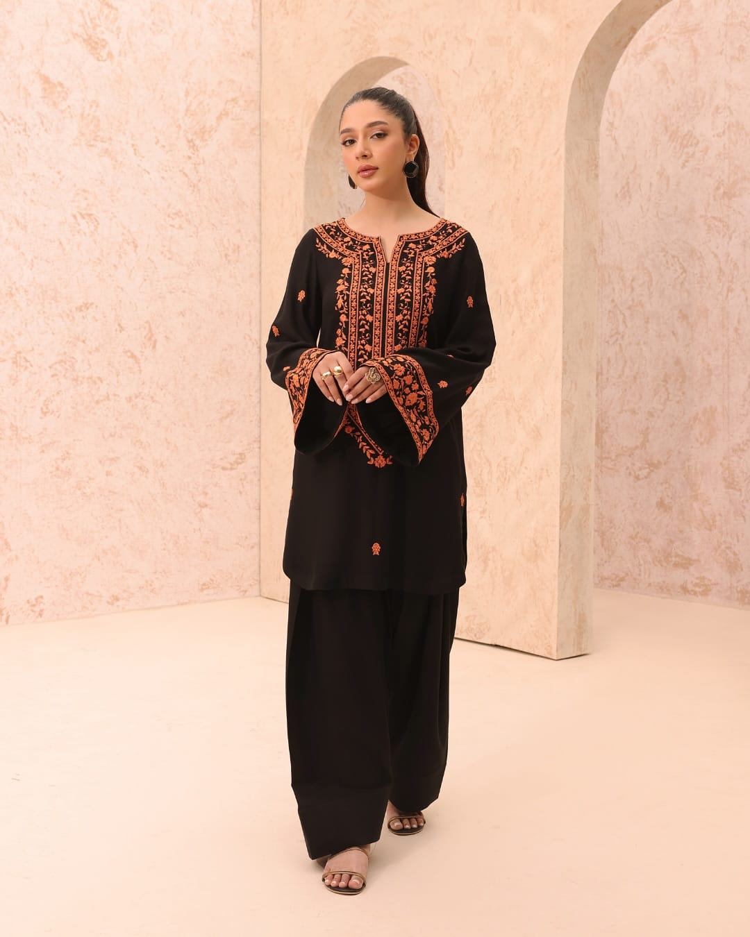 Elegant Black &amp; Orange Combo – Premium Linen Embroidered Shirt