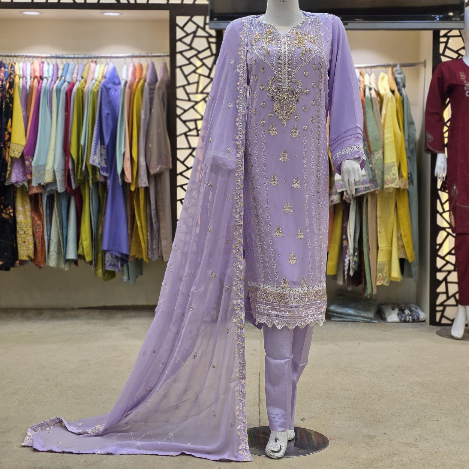 Purple Chiffon & Silk Crepe Ensemble – Zardosi Embellished Elegance