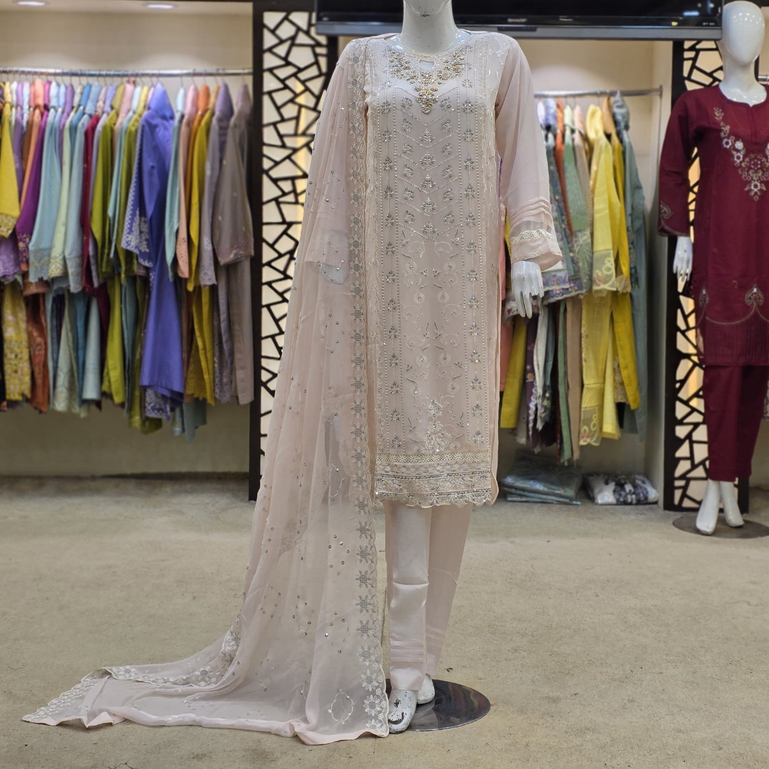 Light Pink Chiffon & Silk Crepe Ensemble – Modern Zardosi Elegance