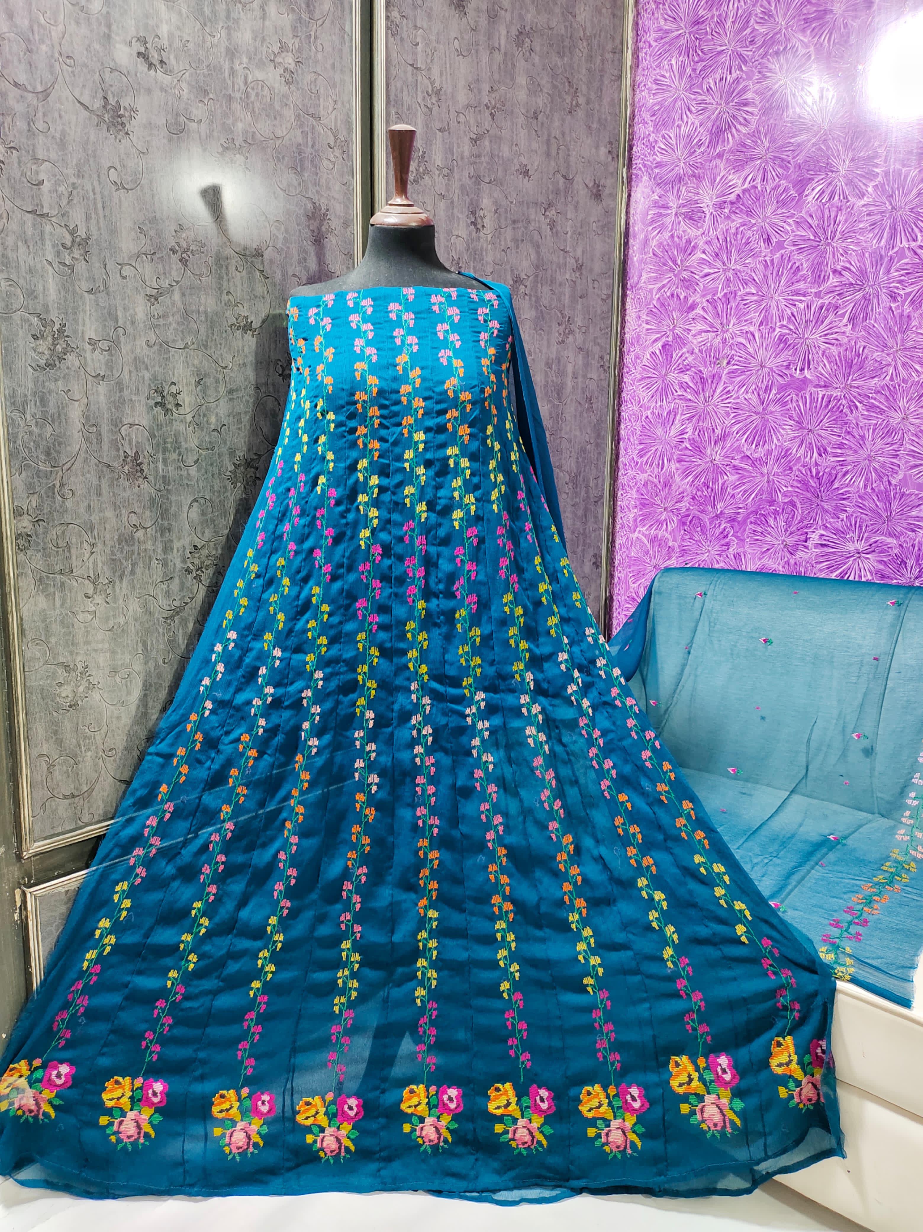 ZOHRA – Blue Multi-Thread Hand Embroidered Semi Stitched Anarkali Frock