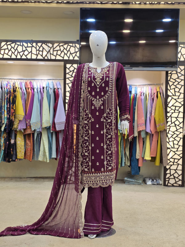 Crimson Bloom – Embroidered Chiffon 3Pc Suit