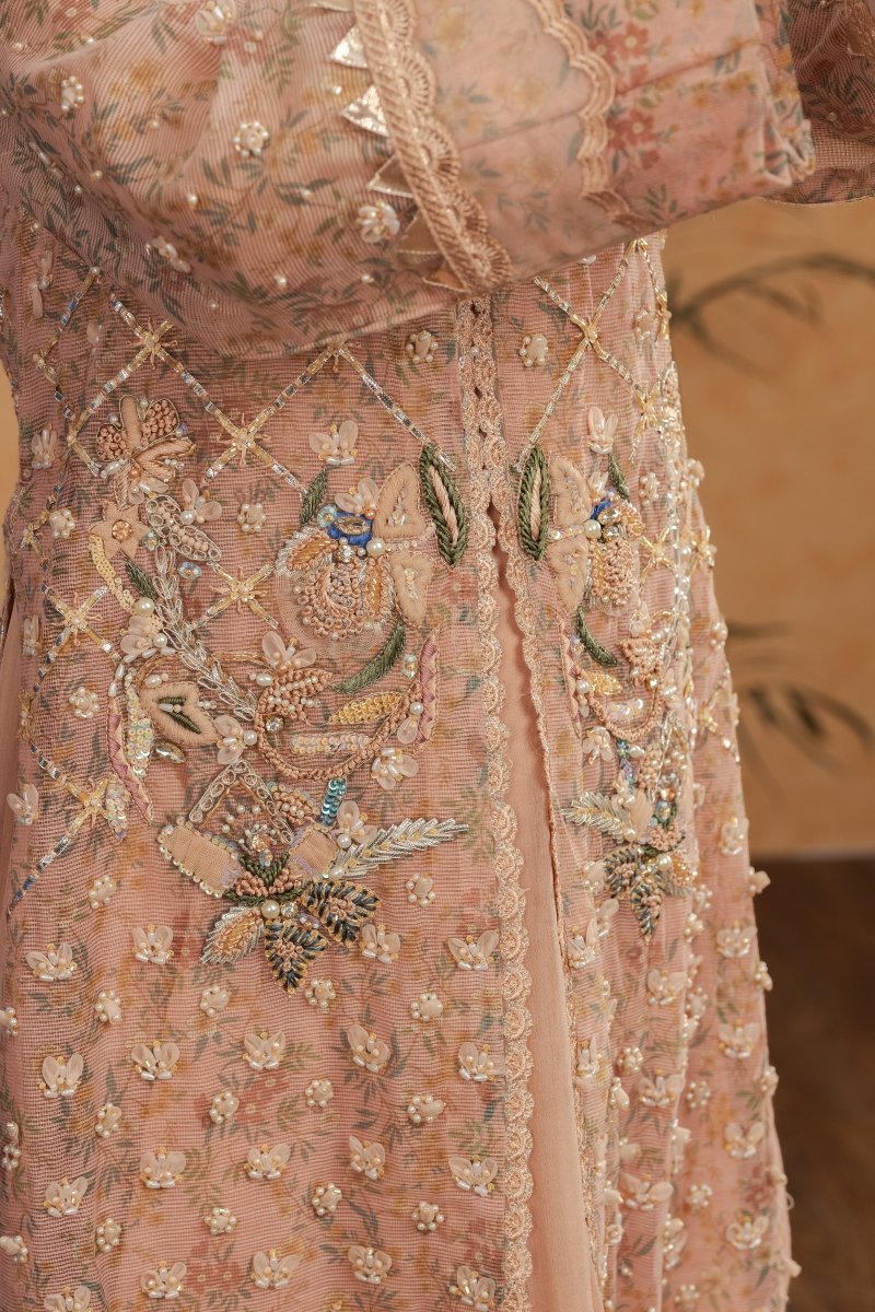 Peach Elegance – 3PC Stitched Khaddi Net Maxi Dress