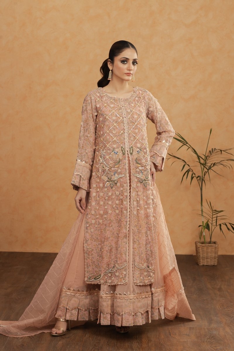 Peach Elegance – 3PC Stitched Khaddi Net Maxi Dress