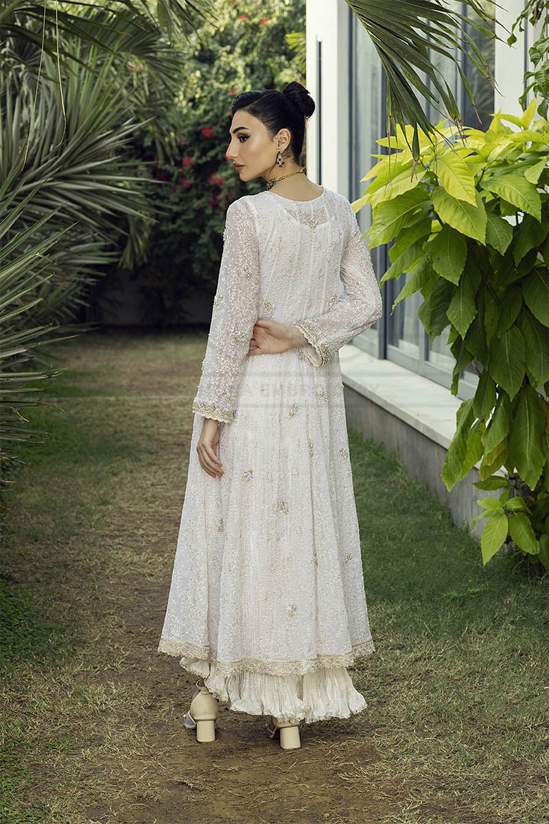 Moonlit Grace – Pearl & Stone Work White Chiffon Front Open Panel Frock