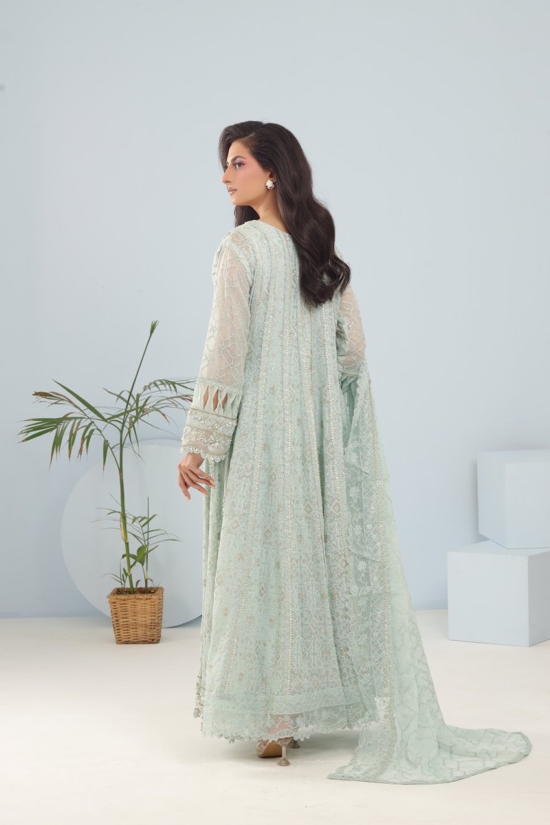 Ice Blue Luxury – Heavy Embroidered Chiffon Panel Frock with Handwork