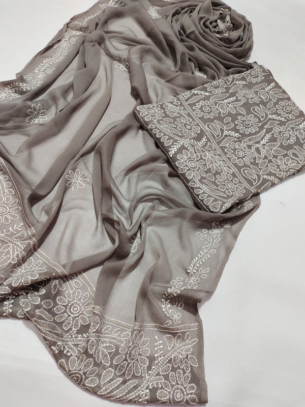 Mushroom Grey Multi Thread Pakka Boor Raw Silk Suit with Hand Embroidery