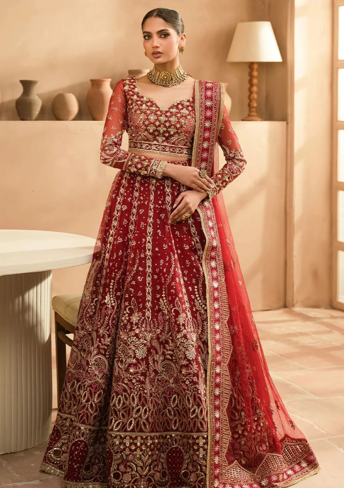 Majestic Maroon – Embroidered Organza Lehenga Set for Wedding Elegance